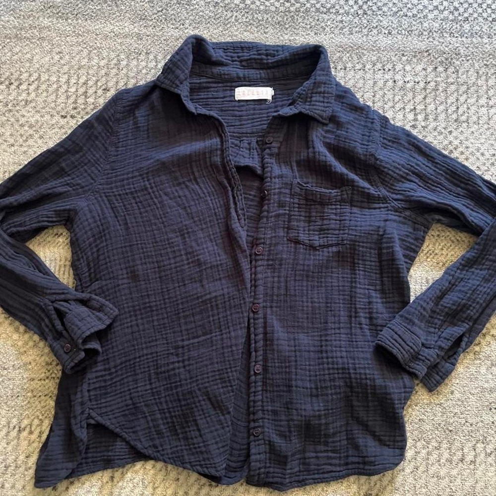 Lacausa navy luxe gauze cotton crinkle button up shirt, medium